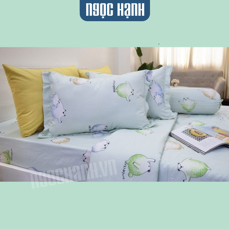  BỘ CHĂN GA TENCEL SILKY XANH MINT GẤU NHẢY - NGỌC HẠNH BEDDING 