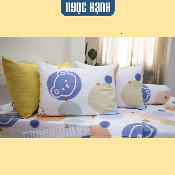 BỘ CHĂN GA GỐI COTTON HOẠ TIẾT TRÒN GẤU - NGỌC HẠNH BEDDING