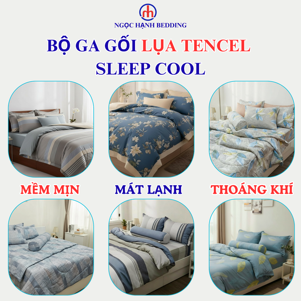  Bộ Chăn Ga Gối Lụa Tencel 40s SLeep Cool mát lạnh, mềm mịn nệm 5 10 15 20cm họa tiết SỌC TRẮNG SỌC XANH - Ngọc Hạnh Bedding 