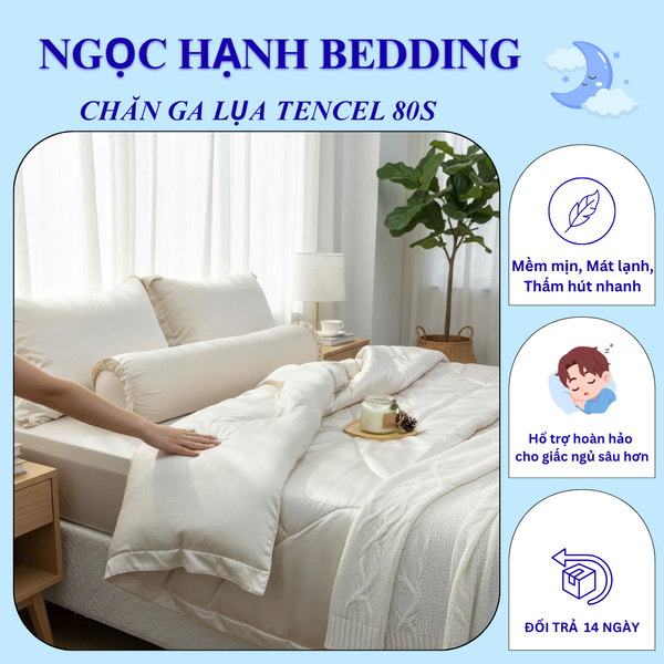  Bộ Chăn Ga Gối LỤA TENCEL 80s mát lạnh, mềm mịn, thấm hút tốt hơn cotton và linen, nệm 5 10 15 20cm - Ngọc Hạnh Bedding 