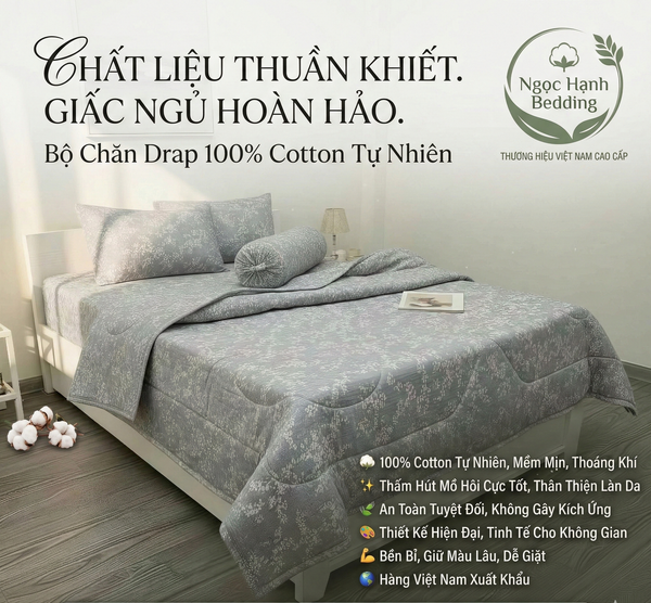  Bộ Chăn Ga Gối Cotton Họa Tiết Bông Nền Xám nệm 20cm trở xuống - Ngọc Hạnh Bedding 