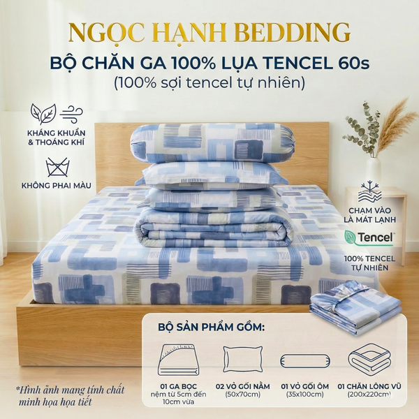  Bộ chăn ga gối LỤA TENCEL 60S họa tiết ô vuông loang loang, thoáng khí nệm 5 10 15 20cm - NGỌC HẠNH BEDDING 