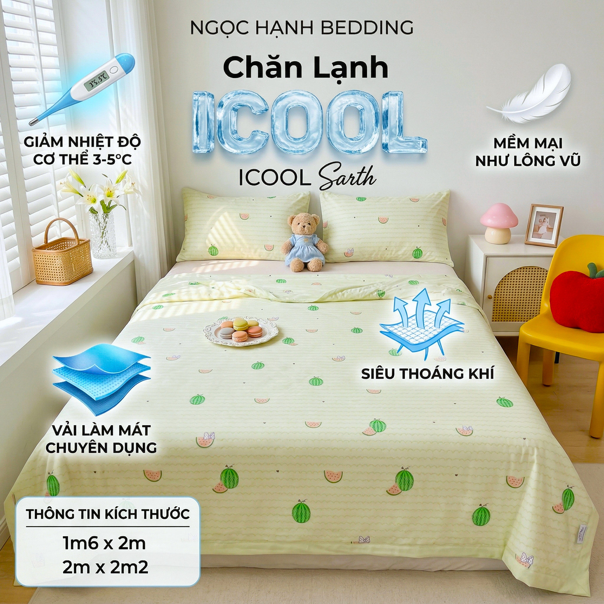  Chăn Lạnh ICOOL Dưa hấu nền vàng nhạt - Mát lạnh mùa hè - NGỌC HẠNH ICOOL 