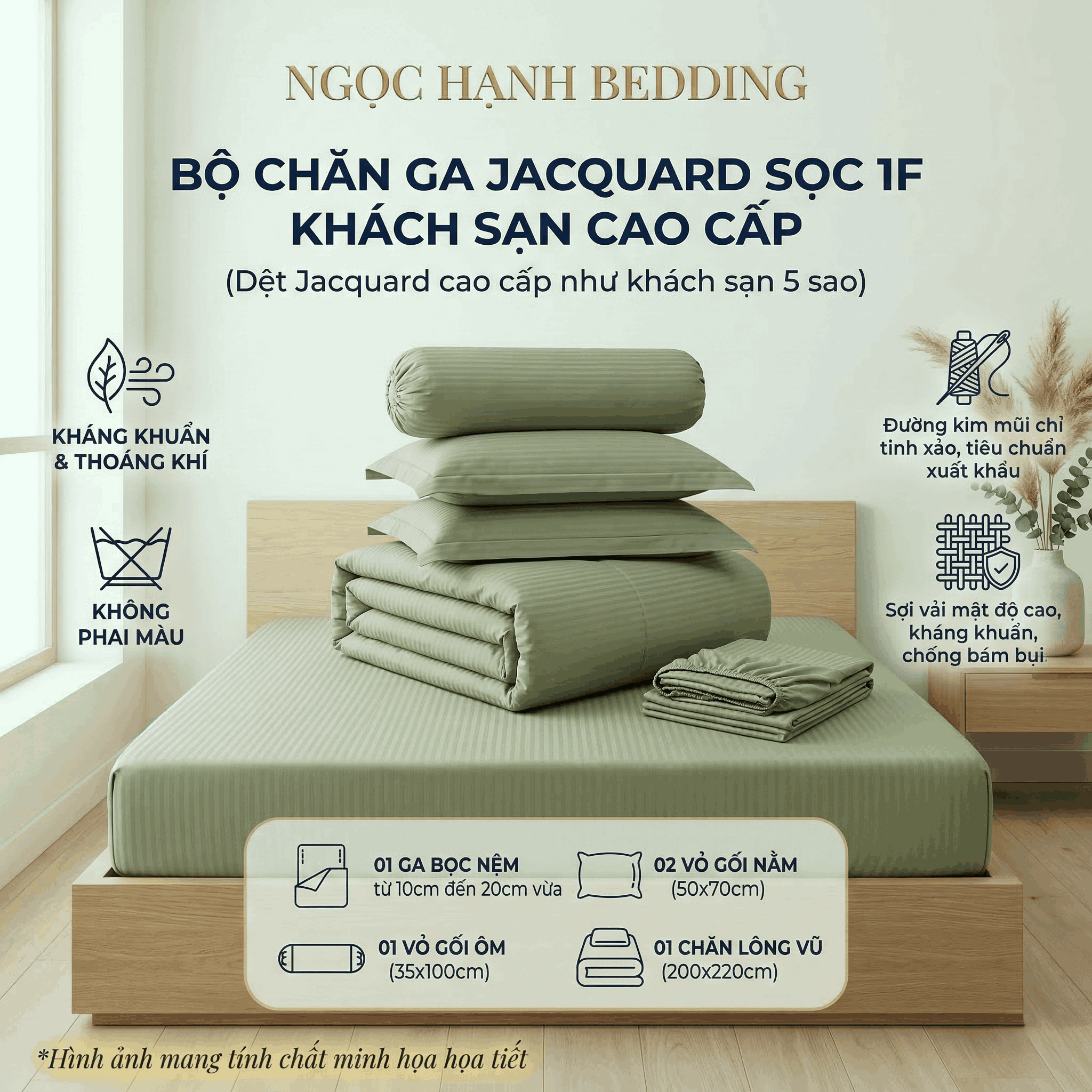 Bộ Ga Gối JACQUARD KHÁCH SẠN SỌC Mềm Mịn, Thoáng Khí, An Toàn Cho Da, dành cho nệm 5cm 10cm 15cm 20cm  -  Ngọc Hạnh Bedding 