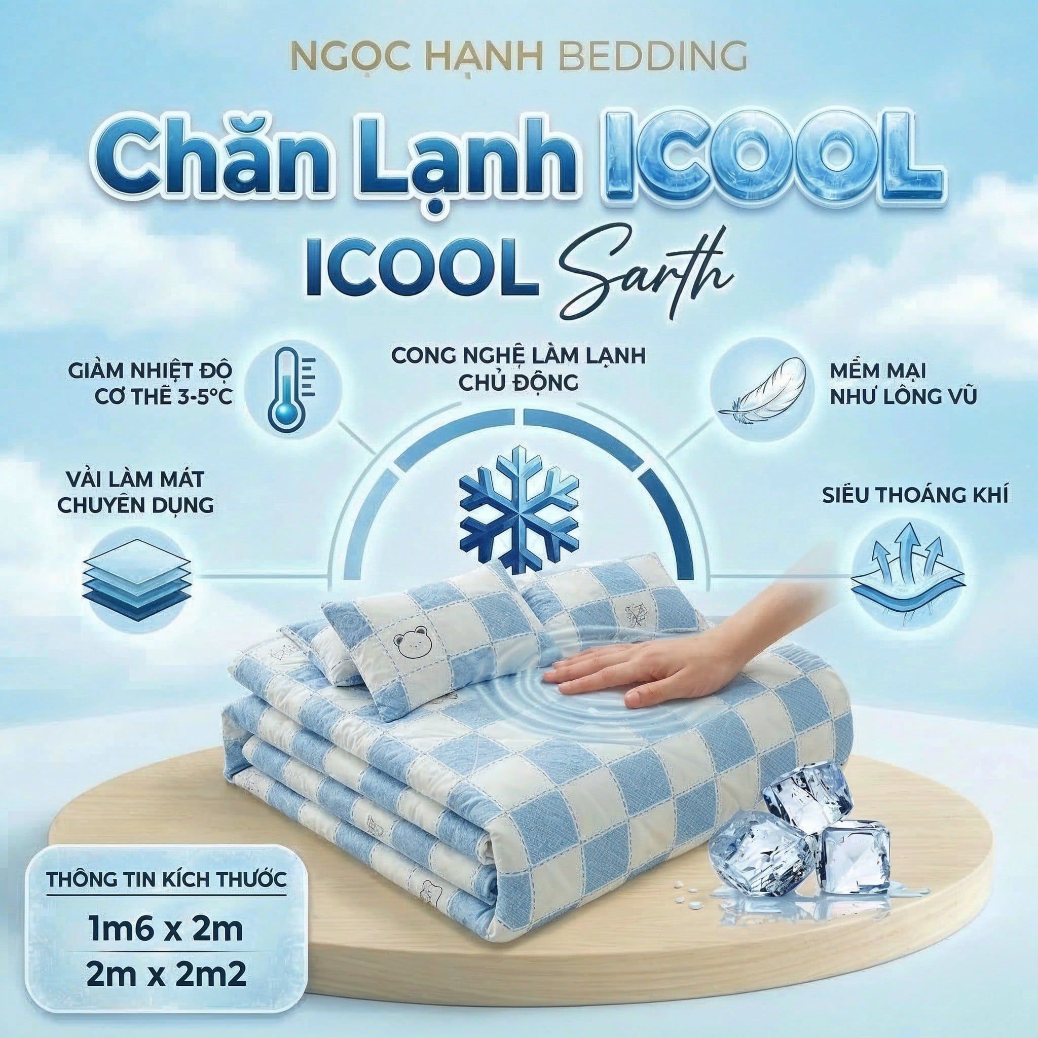  Chăn Lạnh ICOOL Ô VUÔNG XANH mềm mại, mát lạnh, thoáng khí - NGỌC HẠNH BEDDING 