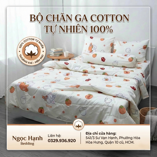  Bộ Chăn Ga Gối Cotton Họa Tiết Trái Cam nệm 20cm trở xuống - Ngọc Hạnh Bedding 