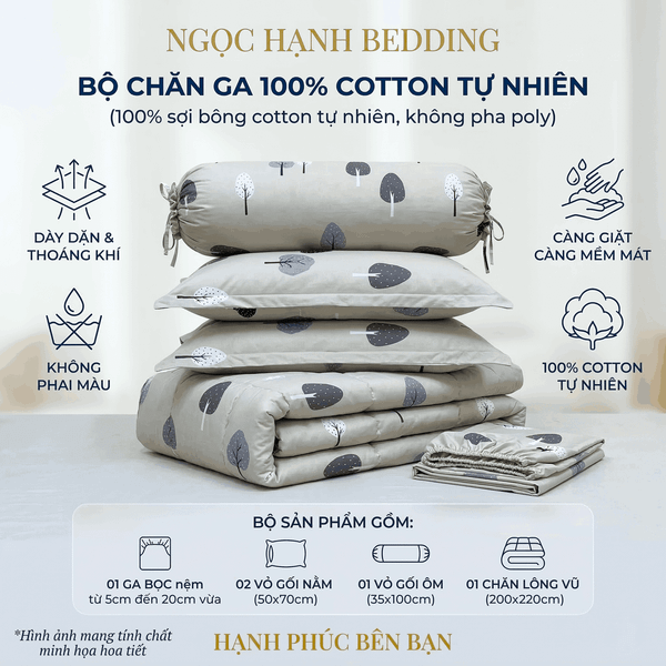  Bộ Chăn Ga Gối 100% Cotton sợi tự nhiên, không pha poly, an toàn dành cho nệm 20cm trở xuống - Ngọc Hạnh Bedding 