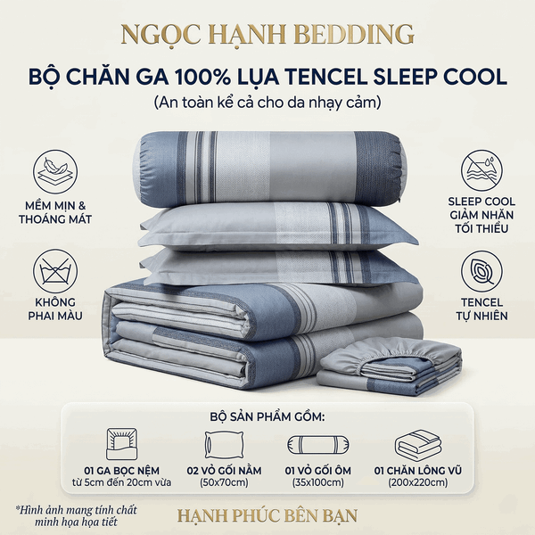  Bộ Chăn Ga Gối Lụa Tencel 40s SLeep Cool mát lạnh, mềm mịn nệm 5 10 15 20cm họa tiết SỌC TRẮNG SỌC XANH - Ngọc Hạnh Bedding 