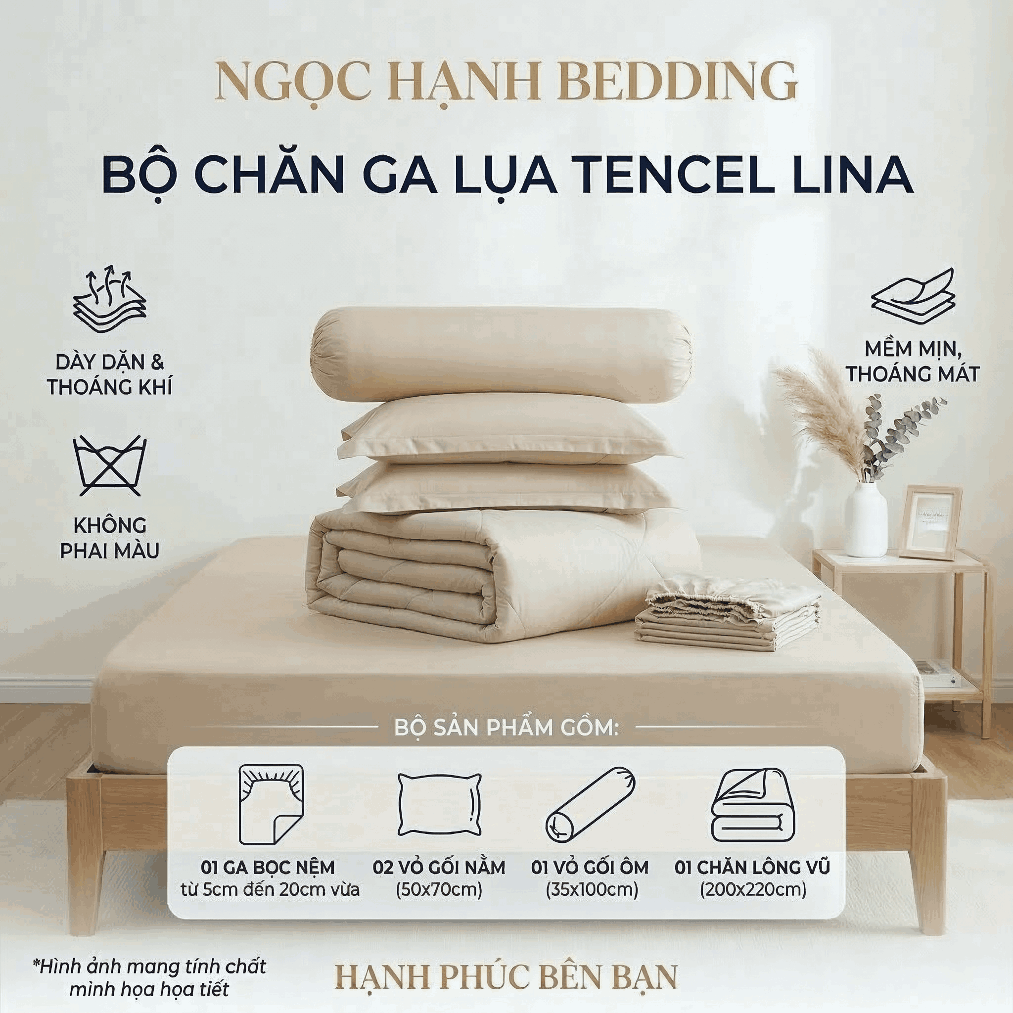  Bộ Chăn Ga Gối Lụa Tencel Lina Cao Cấp màu be kem nệm 20cm trở xuống - Ngọc Hạnh Bedding 