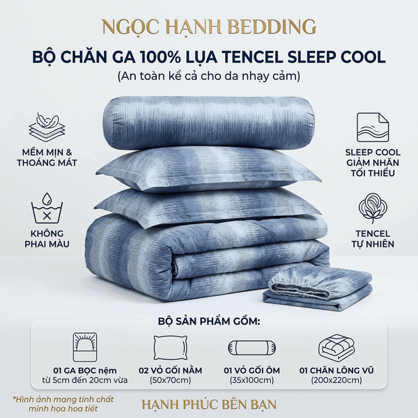  Bộ Chăn Ga Gối Lụa Tencel 40s SLeep Cool mát lạnh, mềm mịn nệm 5 10 15 20cm họa tiết LOANG LOANG XANH DƯƠNG - Ngọc Hạnh Bedding 