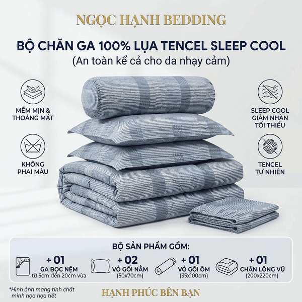  Bộ Chăn Ga Gối Lụa Tencel 40s SLeep Cool mát lạnh, mềm mịn nệm 5 10 15 20cm họa tiết LOANG VUÔNG XANH - Ngọc Hạnh Bedding 
