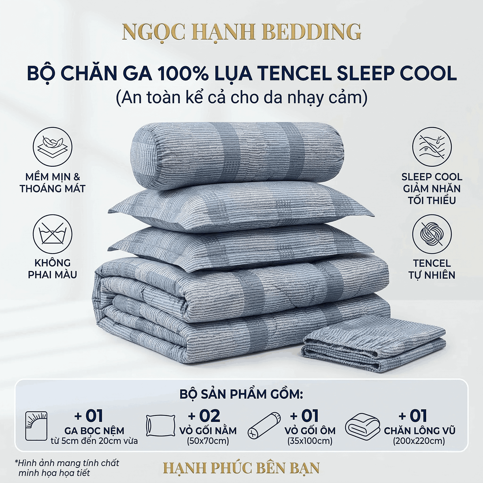  Bộ Chăn Ga Gối Lụa Tencel 40s SLeep Cool mát lạnh, mềm mịn nệm 5 10 15 20cm họa tiết LOANG VUÔNG XANH - Ngọc Hạnh Bedding 