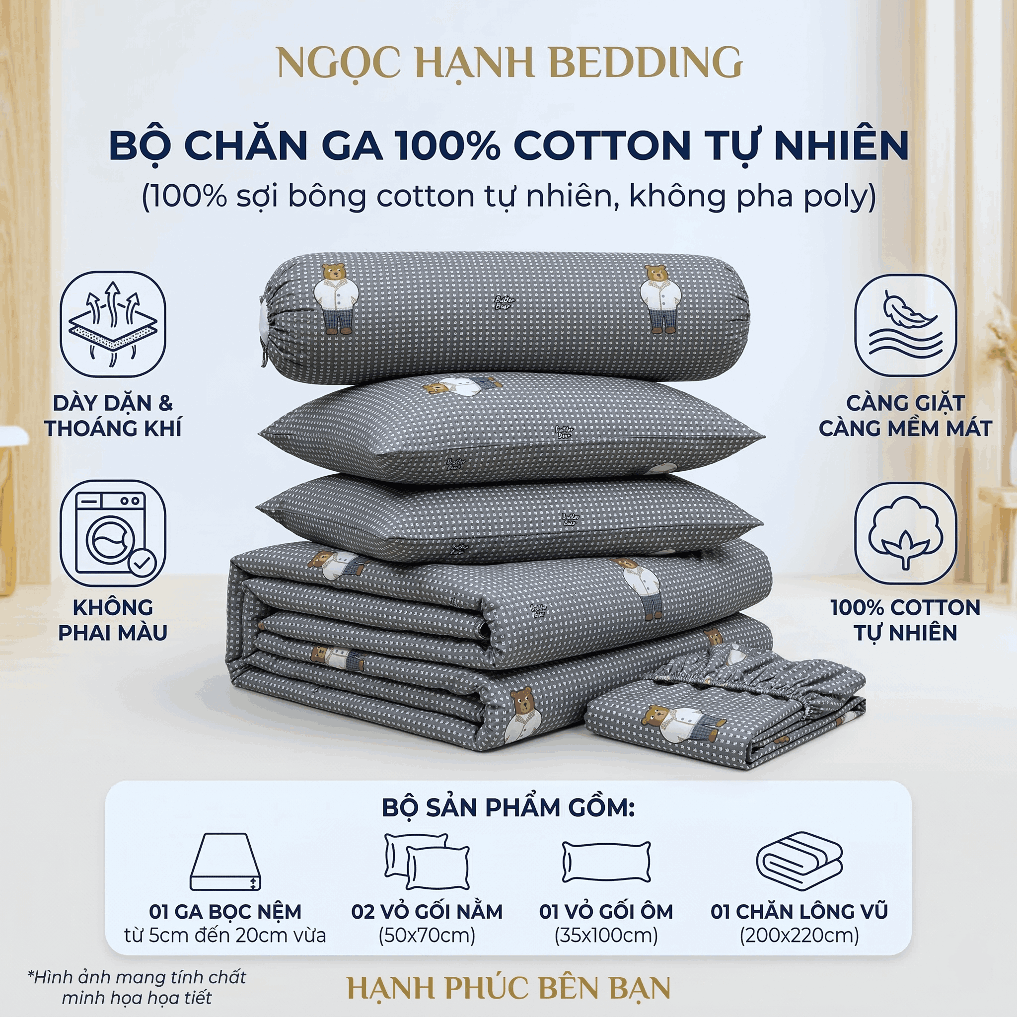  Bộ Chăn Ga Gối Cotton Họa Tiết Gấu Nền Xám nệm 20cm trở xuống - Ngọc Hạnh Bedding 
