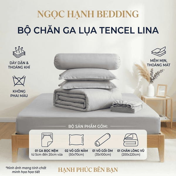  Bộ Chăn Ga Gối Lụa Tencel Lina Cao Cấp màu xám nhạt nệm 20cm trở xuống - Ngọc Hạnh Bedding 