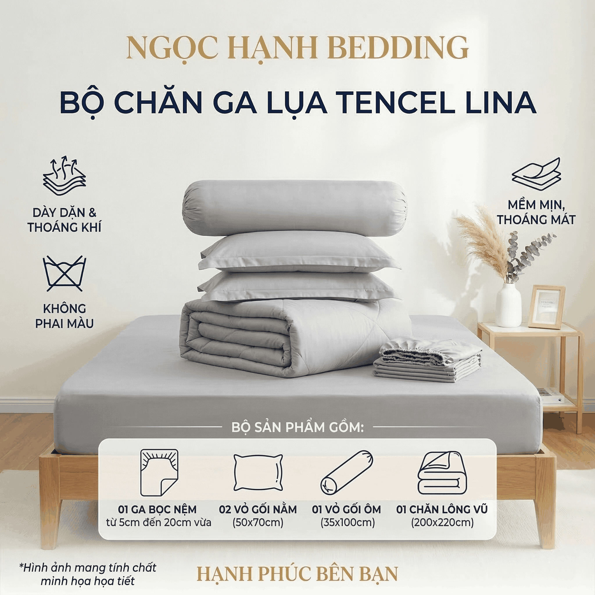  Bộ Chăn Ga Gối Lụa Tencel Lina Cao Cấp màu xám nhạt nệm 20cm trở xuống - Ngọc Hạnh Bedding 