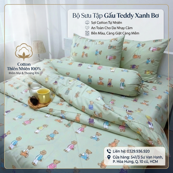  Bộ Chăn Ga Gối Cotton Họa Tiết Gấu Nâu Nền Xanh nệm 20cm trở xuống - Ngọc Hạnh Bedding 