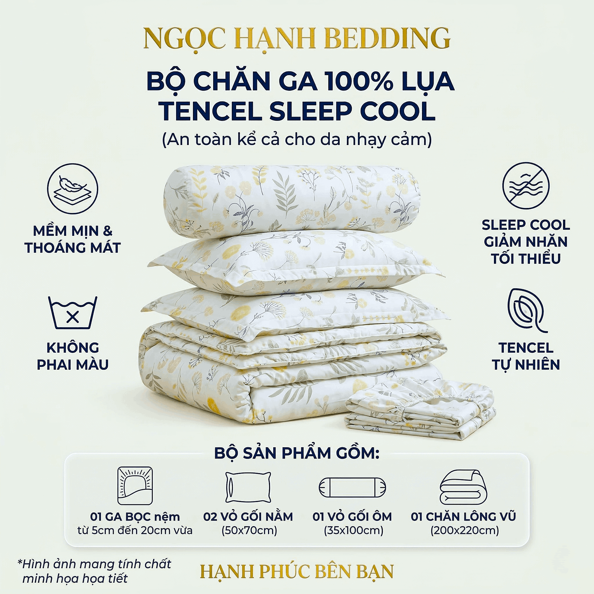  Bộ Chăn Ga Gối Lụa Tencel 40s SLeep Cool mát lạnh, mềm mịn nệm 5 10 15 20cm họa tiết HOA NỀN BE TIÊU - Ngọc Hạnh Bedding 