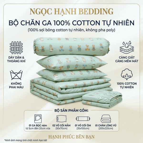  Bộ Chăn Ga Gối Cotton Họa Tiết Gấu Nâu Nền Xanh nệm 20cm trở xuống - Ngọc Hạnh Bedding 