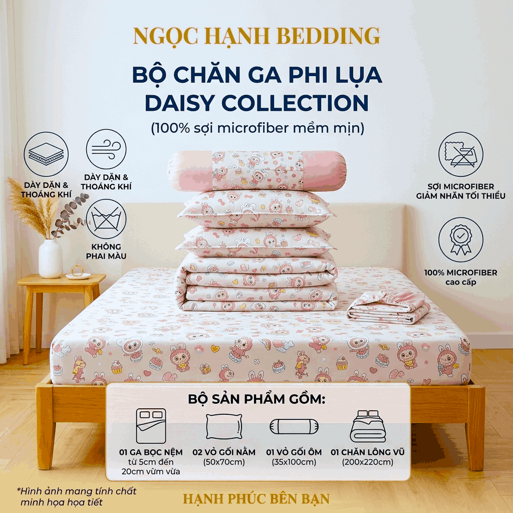  Bộ Ga Gối Phi Lụa Tencel Daisy thoáng mát, mềm mịn, nệm 5cm 10cm 15cm 20cm -  Ngọc Hạnh Bedding 