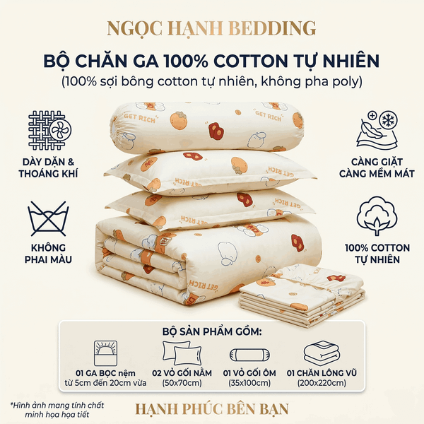  Bộ Chăn Ga Gối Cotton Họa Tiết Trái Cam nệm 20cm trở xuống - Ngọc Hạnh Bedding 