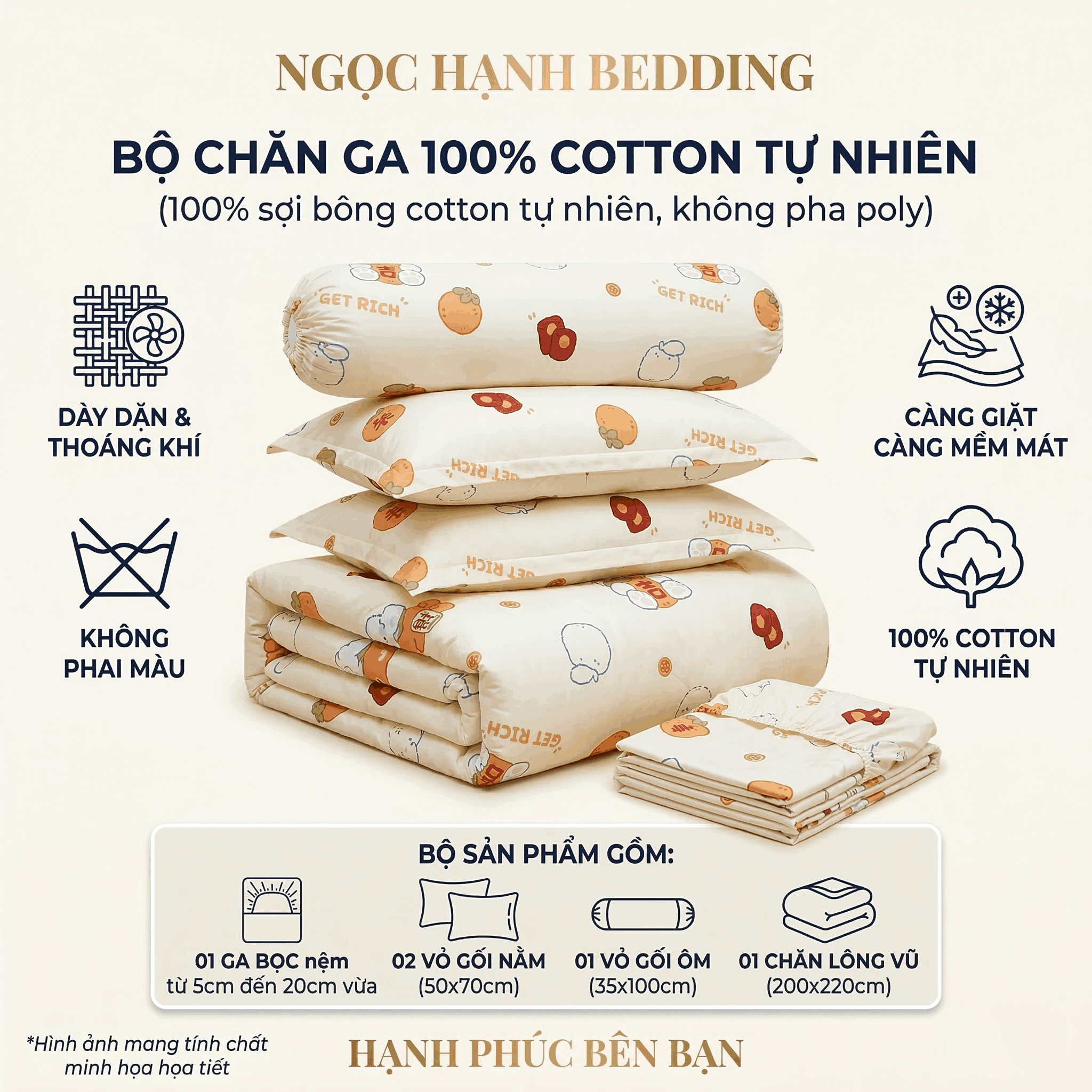  Bộ Chăn Ga Gối Cotton Họa Tiết Trái Cam nệm 20cm trở xuống - Ngọc Hạnh Bedding 