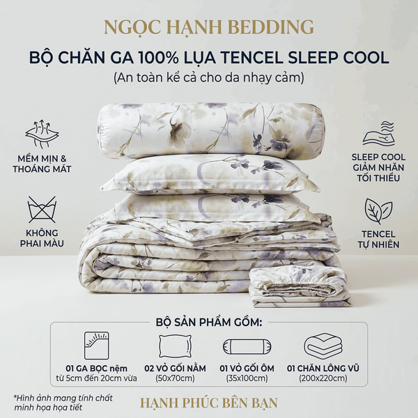  Bộ Chăn Ga Gối Lụa Tencel 40s SLeep Cool mát lạnh, mềm mịn nệm 5 10 15 20cm họa tiết HOA NHÍ NỀN NGÀ - Ngọc Hạnh Bedding 
