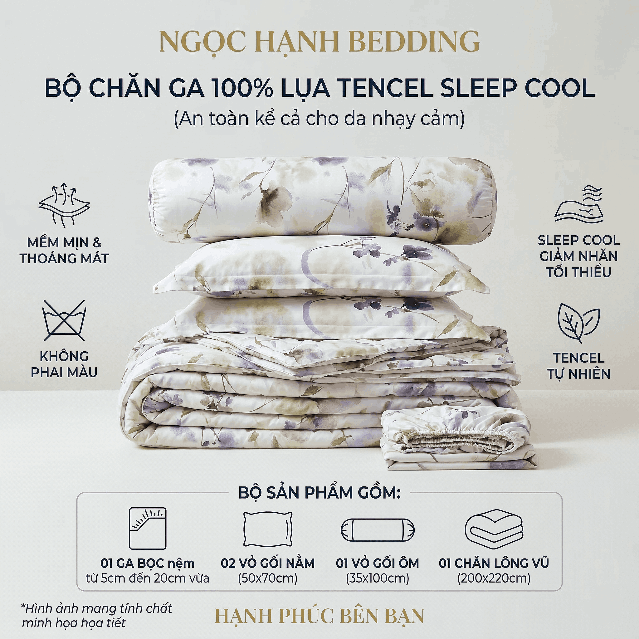  Bộ Chăn Ga Gối Lụa Tencel 40s SLeep Cool mát lạnh, mềm mịn nệm 5 10 15 20cm họa tiết HOA NHÍ NỀN NGÀ - Ngọc Hạnh Bedding 