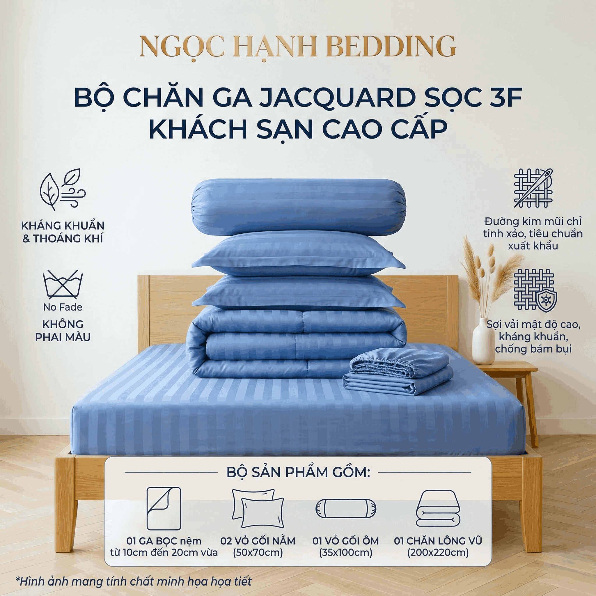  Bộ Ga Gối JACQUARD KHÁCH SẠN SỌC Mềm Mịn, Thoáng Khí, An Toàn Cho Da, dành cho nệm 5cm 10cm 15cm 20cm  -  Ngọc Hạnh Bedding 