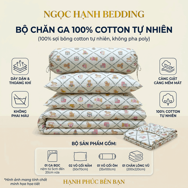  Bộ Chăn Ga Gối Cotton Họa Tiết Gấu Nền Sọc chéo nệm 20cm trở xuống - Ngọc Hạnh Bedding 