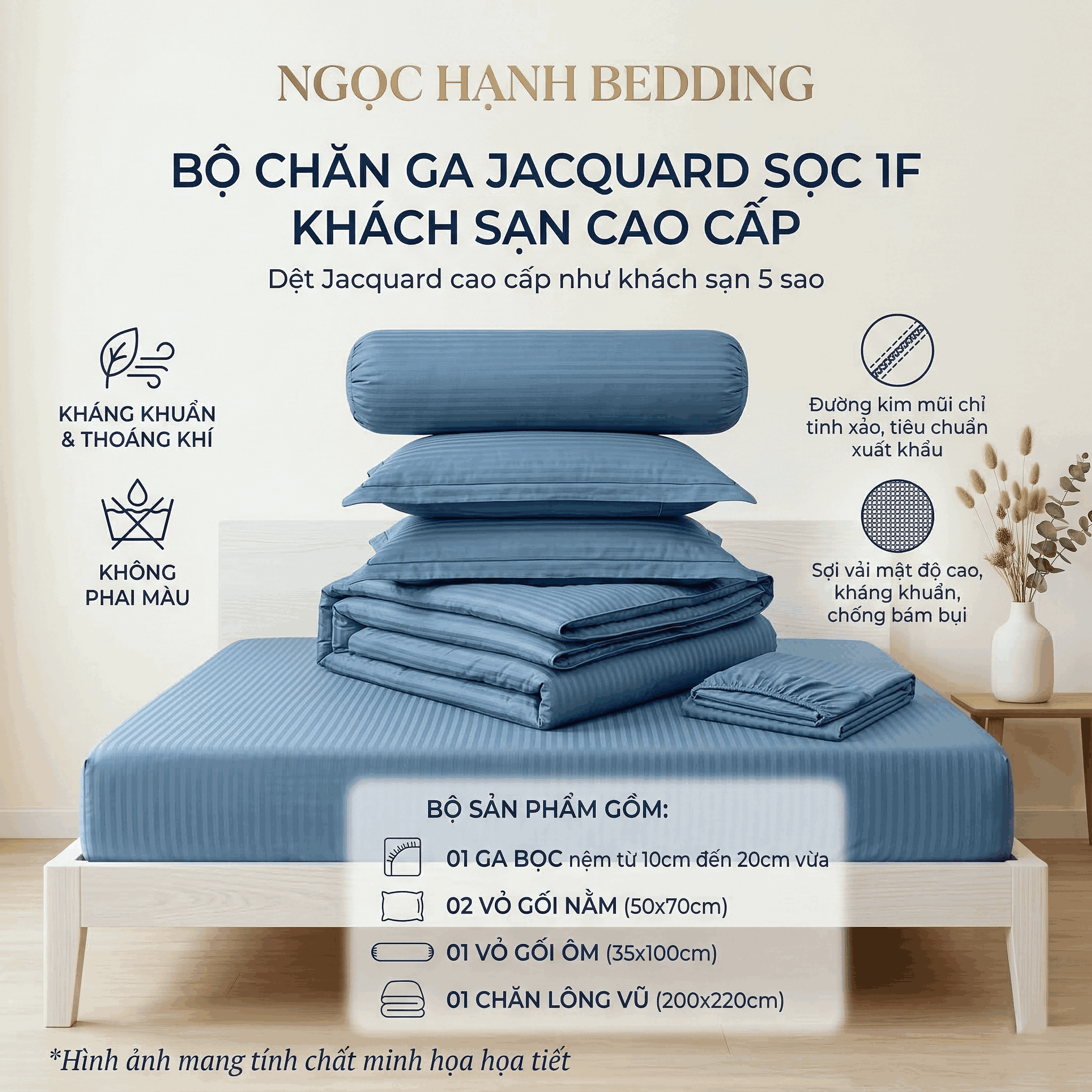  Bộ Ga Gối JACQUARD KHÁCH SẠN SỌC Mềm Mịn, Thoáng Khí, An Toàn Cho Da, dành cho nệm 5cm 10cm 15cm 20cm  -  Ngọc Hạnh Bedding 