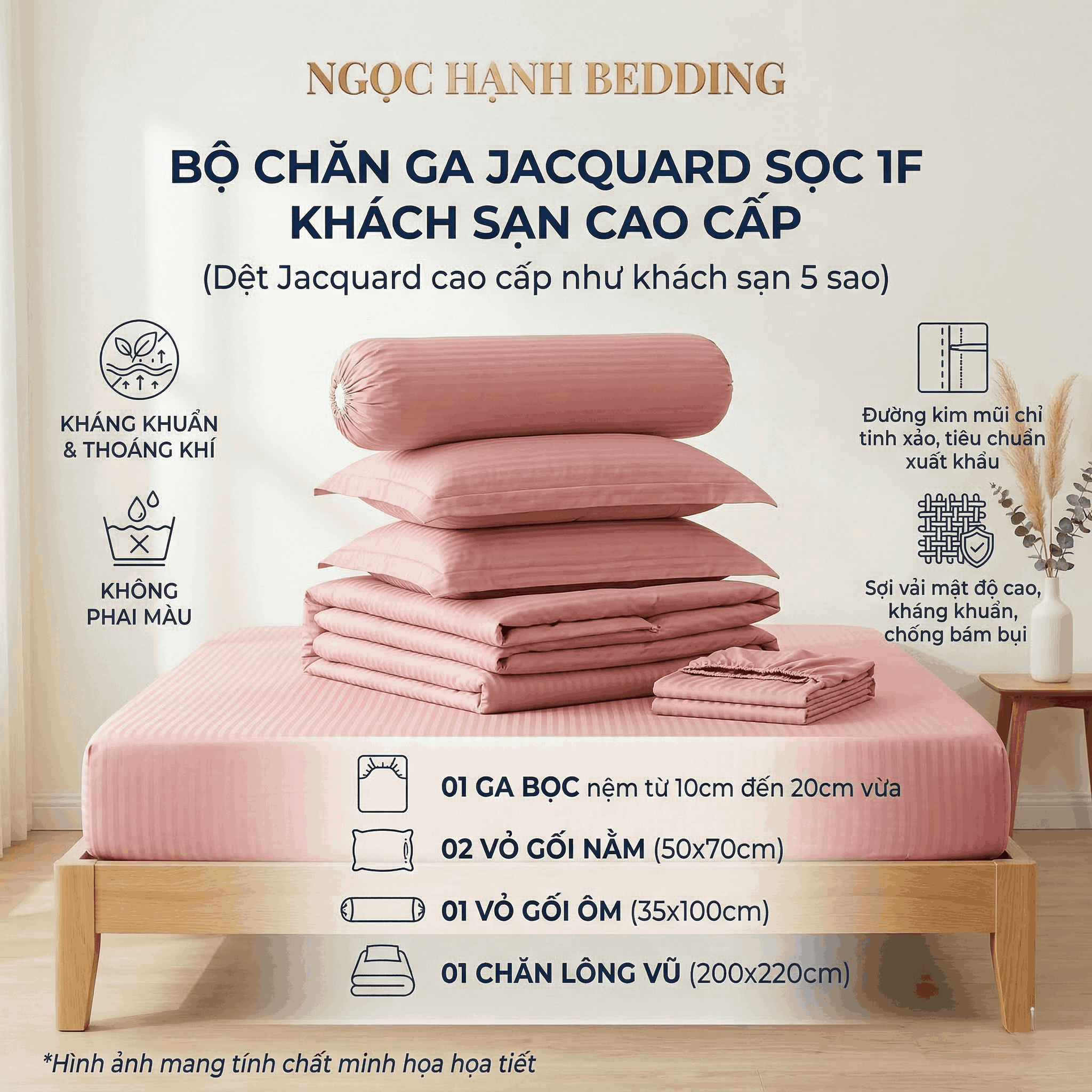  Bộ Ga Gối JACQUARD KHÁCH SẠN SỌC Mềm Mịn, Thoáng Khí, An Toàn Cho Da, dành cho nệm 5cm 10cm 15cm 20cm  -  Ngọc Hạnh Bedding 
