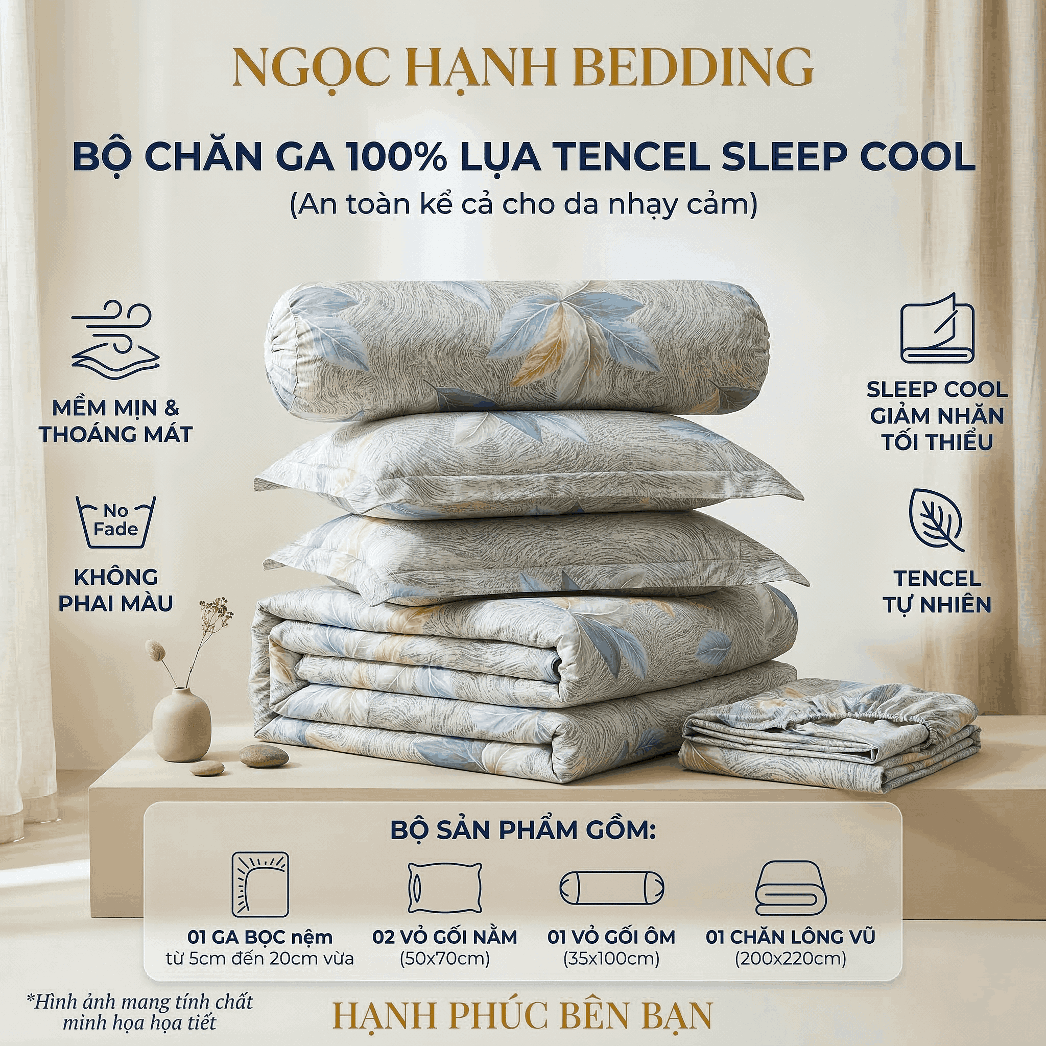  Bộ Chăn Ga Gối Lụa Tencel 40s SLeep Cool mát lạnh, mềm mịn nệm 5 10 15 20cm họa tiết HOA NỀN BE TIÊU - Ngọc Hạnh Bedding 