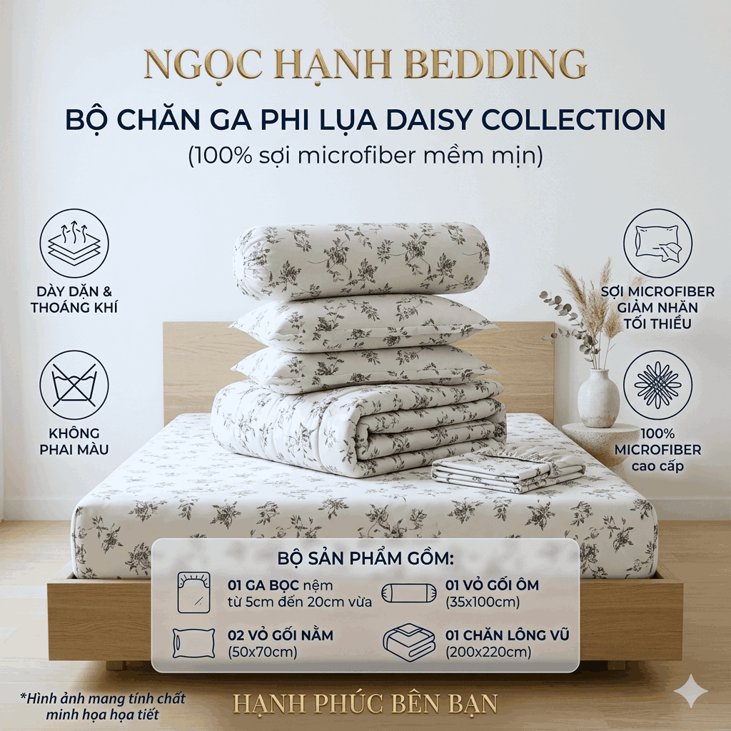 Bộ Ga Gối Phi Lụa Tencel Daisy thoáng mát, mềm mịn, nệm 5cm 10cm 15cm 20cm -  Ngọc Hạnh Bedding 