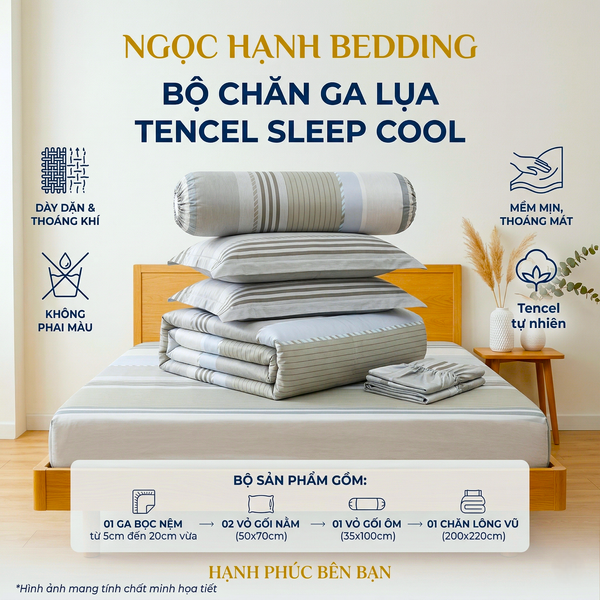  Bộ Chăn Ga Gối Lụa Tencel 40s SLeep Cool mát lạnh, mềm mịn nệm 5 10 15 20cm họa tiết SỌC XÁM SỌC XANH - Ngọc Hạnh Bedding 