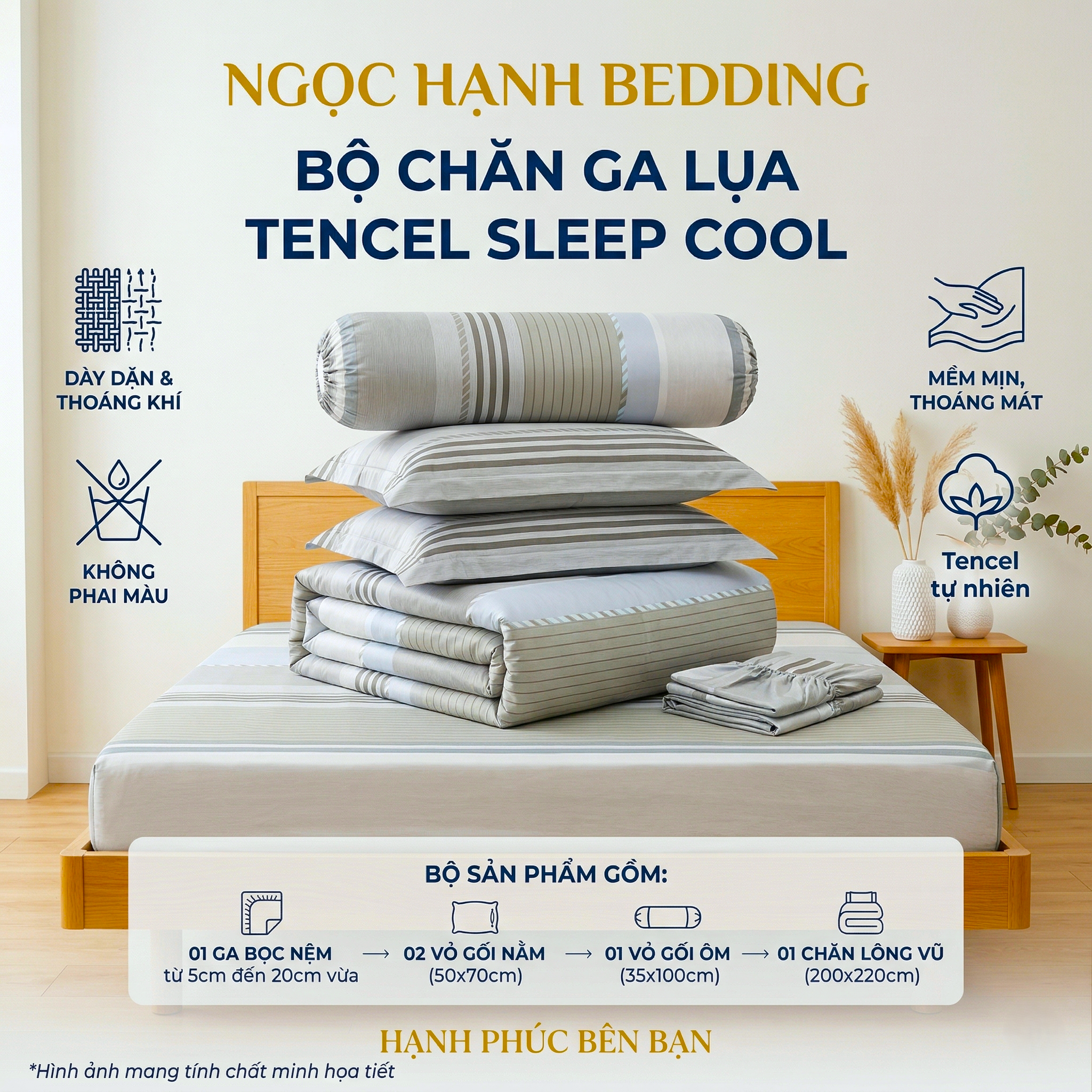  Bộ Chăn Ga Gối Lụa Tencel 40s SLeep Cool mát lạnh, mềm mịn nệm 5 10 15 20cm họa tiết SỌC XÁM SỌC XANH - Ngọc Hạnh Bedding 