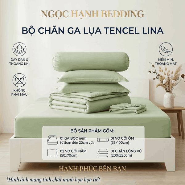  Bộ Chăn Ga Gối Lụa Tencel Lina Cao Cấp màu xanh bơ nệm 20cm trở xuống - Ngọc Hạnh Bedding 