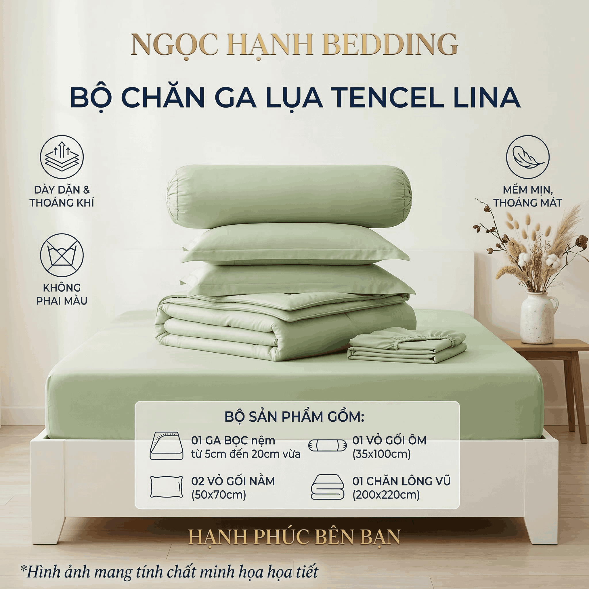  Bộ Chăn Ga Gối Lụa Tencel Lina Cao Cấp màu xanh bơ nệm 20cm trở xuống - Ngọc Hạnh Bedding 