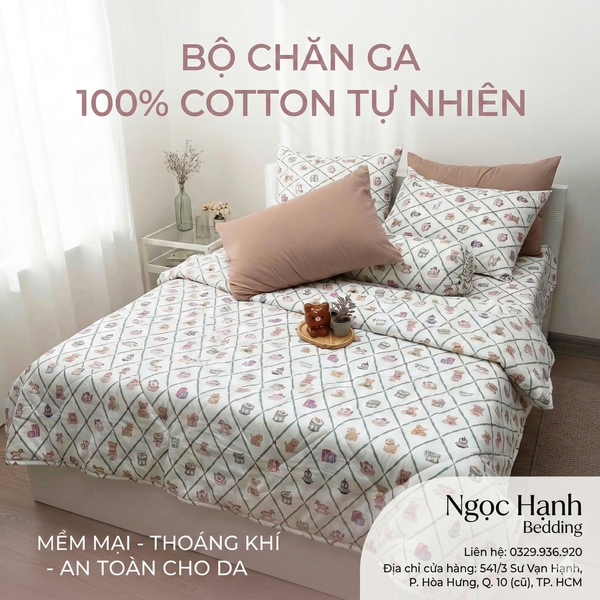  Bộ Chăn Ga Gối Cotton Họa Tiết Gấu Nền Sọc chéo nệm 20cm trở xuống - Ngọc Hạnh Bedding 