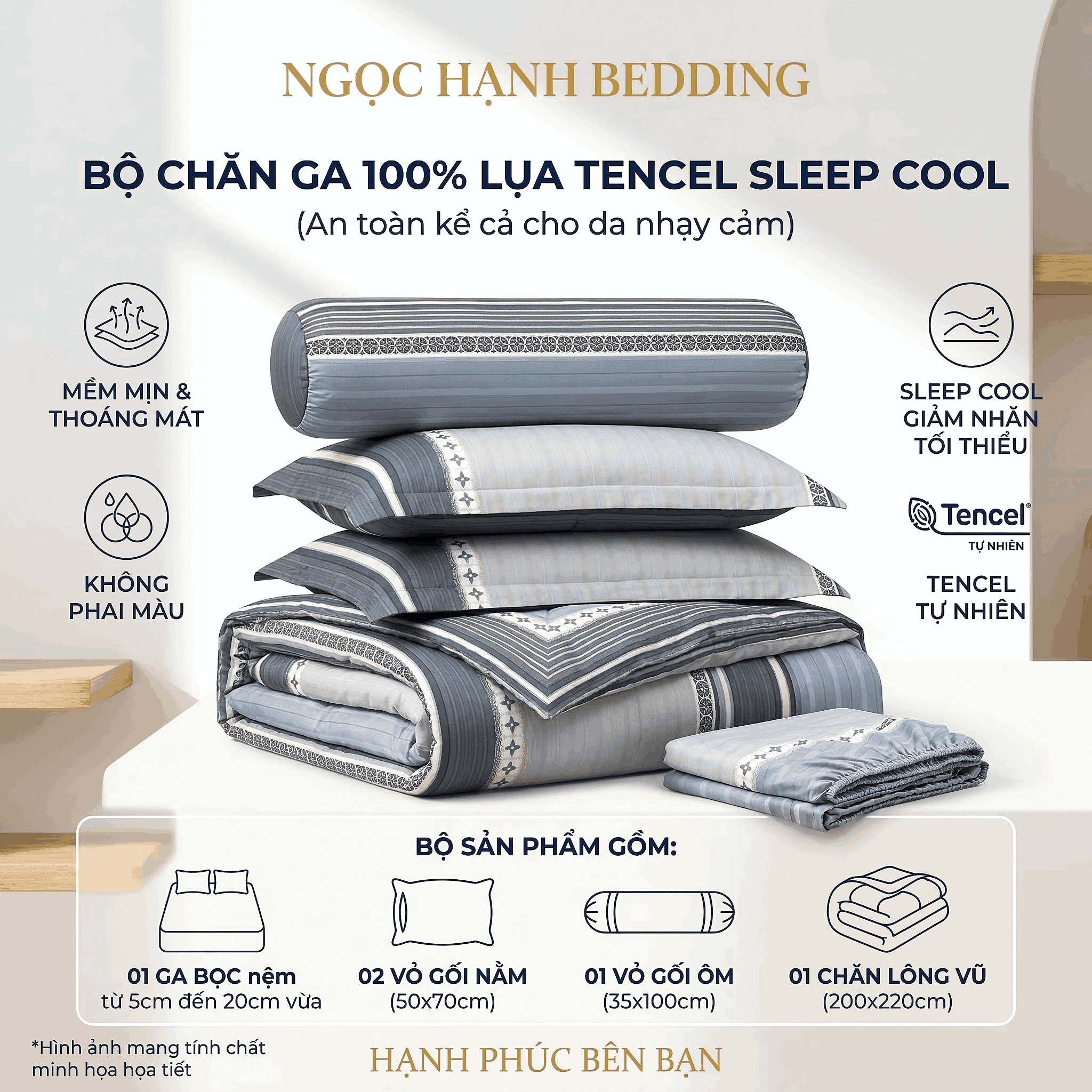  Bộ Chăn Ga Gối Lụa Tencel 40s SLeep Cool mát lạnh, mềm mịn nệm 5 10 15 20cm họa tiết Slcool01 SỌC NÂU HÌNH THOI - Ngọc Hạnh Bedding 