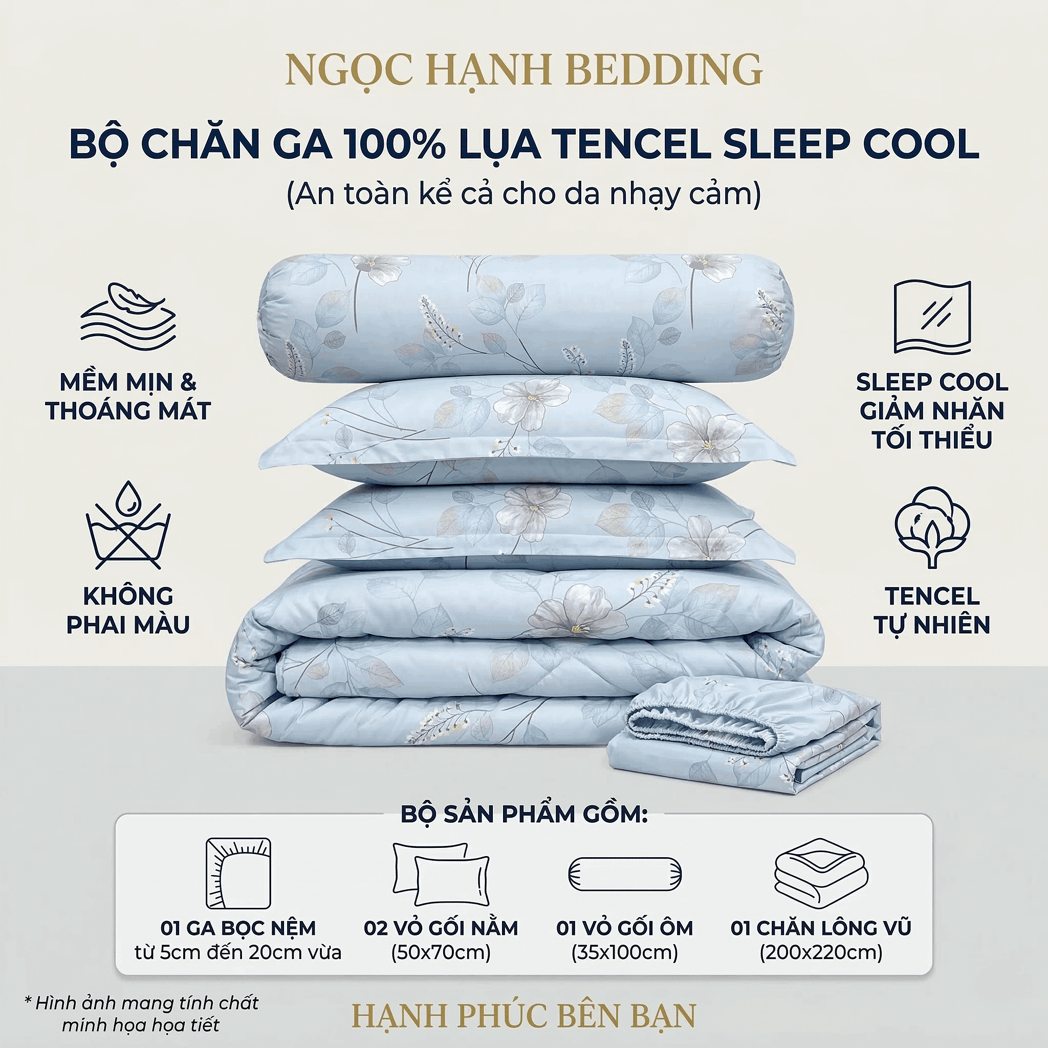  Bộ Chăn Ga Gối Lụa Tencel 40s SLeep Cool mát lạnh, mềm mịn nệm 5 10 15 20cm họa tiết HOA NỀN BE TIÊU - Ngọc Hạnh Bedding 