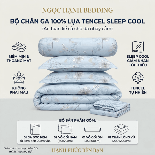  Bộ Chăn Ga Gối Lụa Tencel 40s SLeep Cool mát lạnh, mềm mịn nệm 5 10 15 20cm họa tiết HOA TO NỀN XANH DA TRỜI NHẠT - Ngọc Hạnh Bedding 