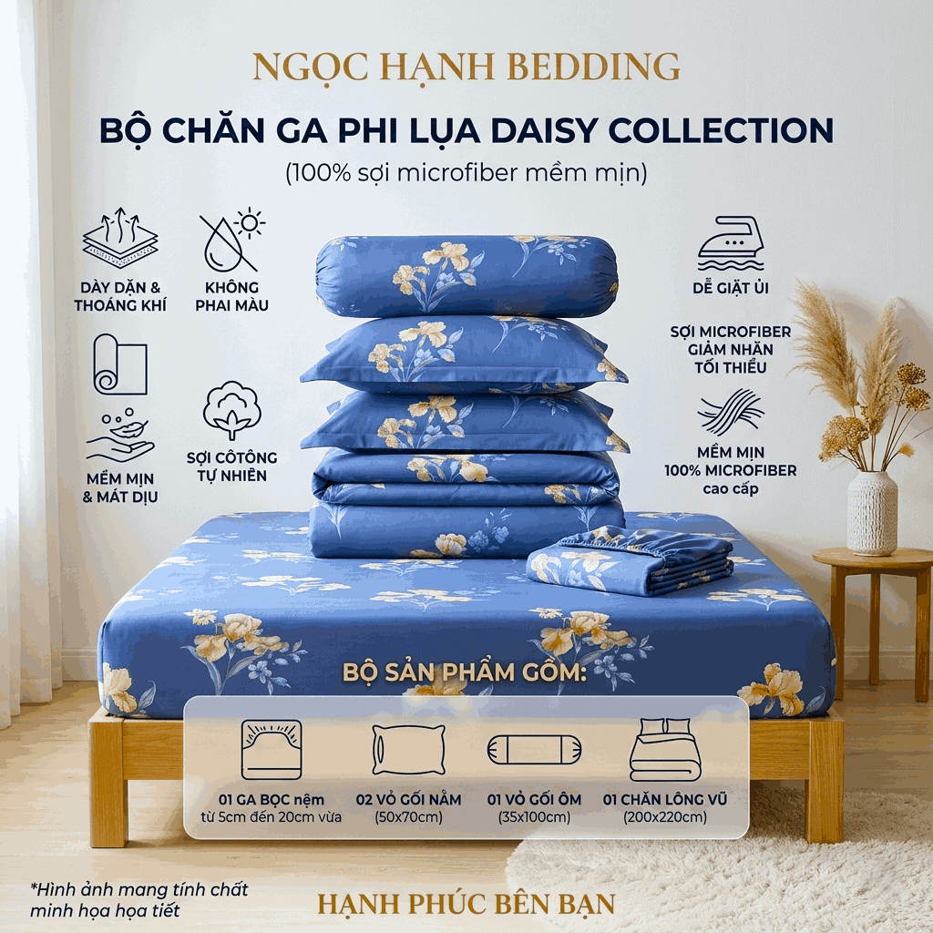  Bộ Ga Gối Phi Lụa Tencel Daisy thoáng mát, mềm mịn, nệm 5cm 10cm 15cm 20cm -  Ngọc Hạnh Bedding 