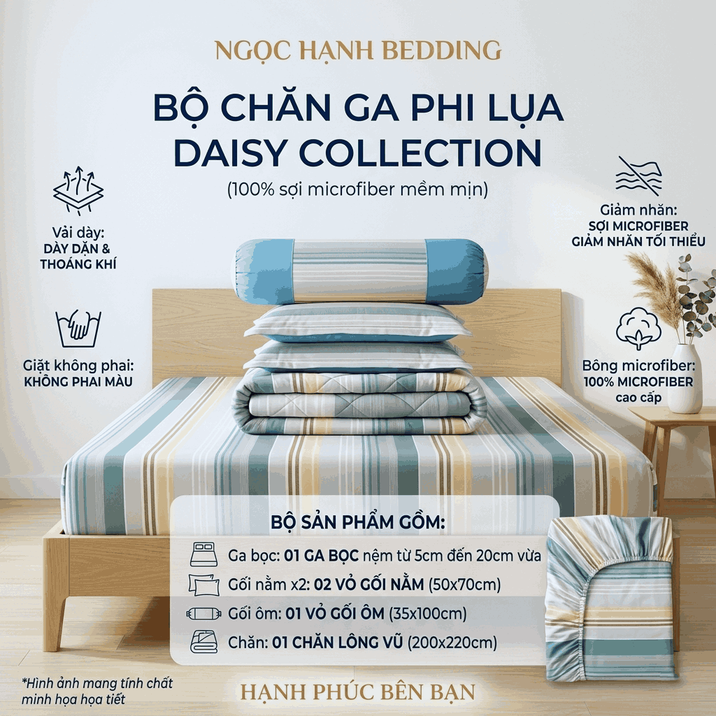  Bộ Ga Gối Phi Lụa Tencel Daisy thoáng mát, mềm mịn, nệm 5cm 10cm 15cm 20cm -  Ngọc Hạnh Bedding 