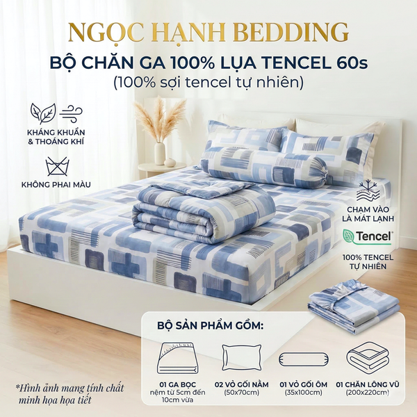  Bộ chăn ga gối LỤA TENCEL 60S họa tiết ô vuông loang loang, thoáng khí nệm 5 10 15 20cm - NGỌC HẠNH BEDDING 