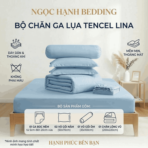 Bộ Chăn Ga Gối Lụa Tencel Lina Cao Cấp màu xanh da trời nệm 20cm trở xuống - Ngọc Hạnh Bedding 