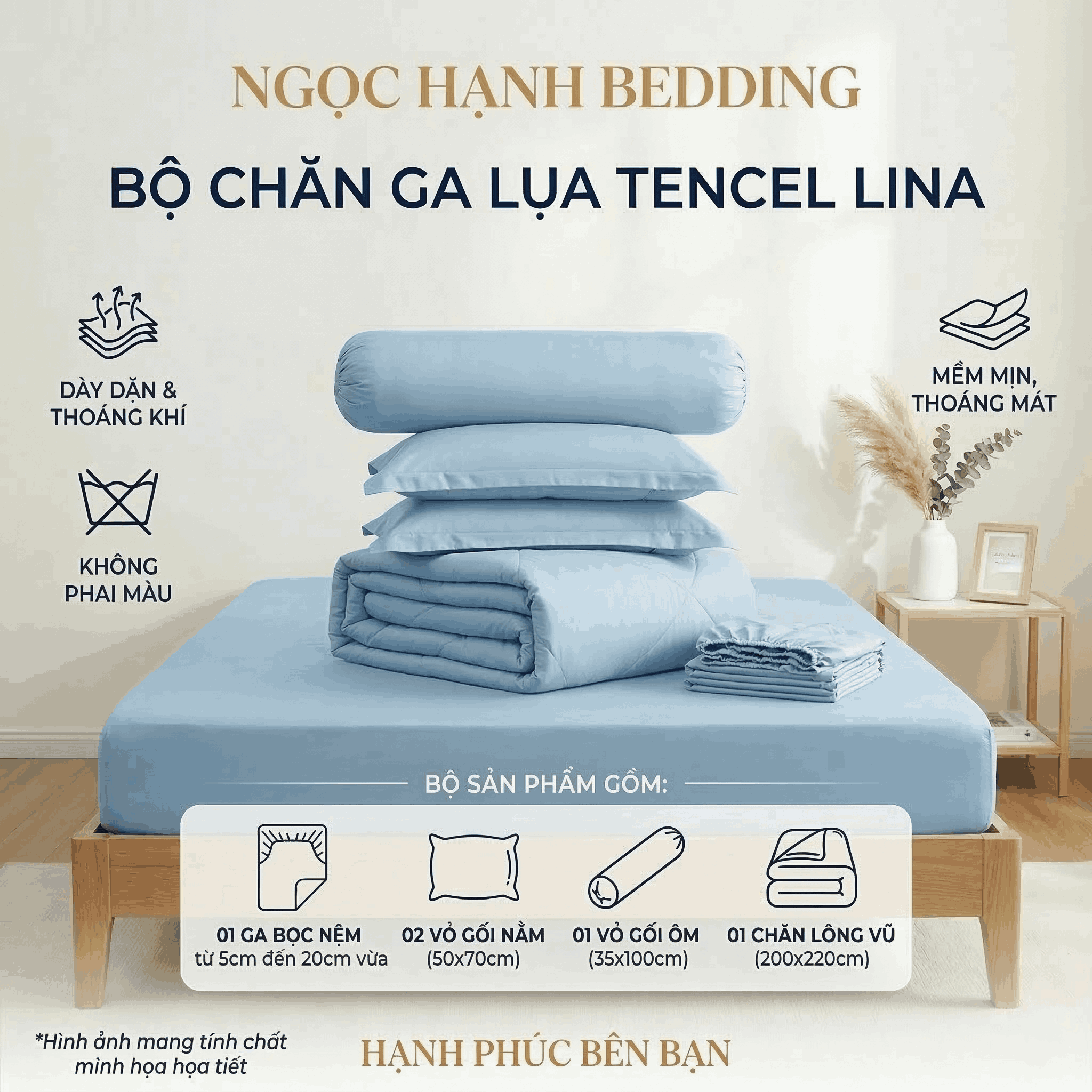  Bộ Chăn Ga Gối Lụa Tencel Lina Cao Cấp màu xanh da trời nệm 20cm trở xuống - Ngọc Hạnh Bedding 