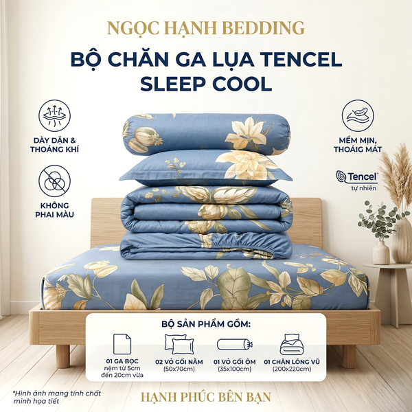  Bộ Chăn Ga Gối Lụa Tencel 40s SLeep Cool mát lạnh, mềm mịn nệm 5 10 15 20cm họa tiết HOA NỀN XANH ĐẬM - Ngọc Hạnh Bedding 