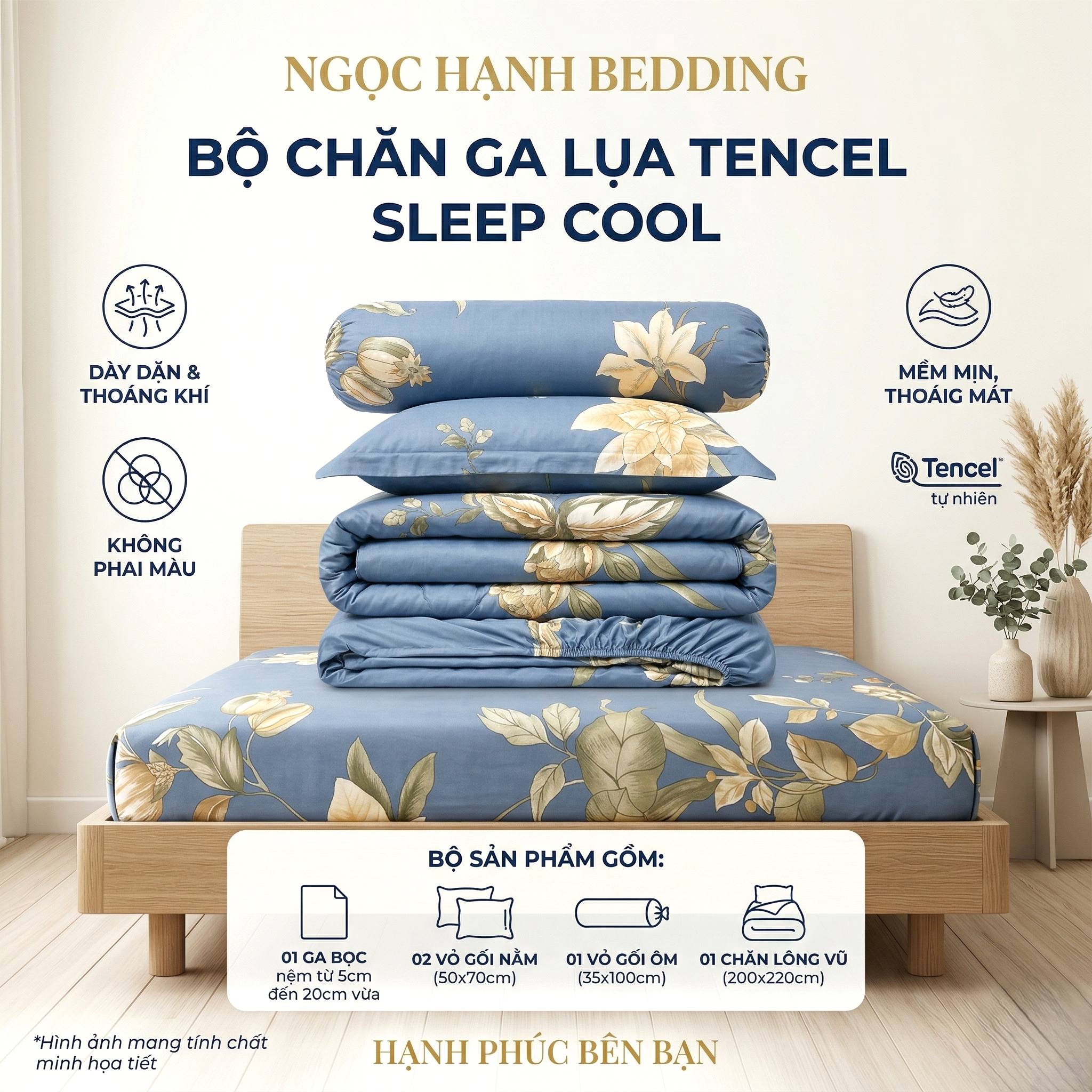  Bộ Chăn Ga Gối Lụa Tencel 40s SLeep Cool mát lạnh, mềm mịn nệm 5 10 15 20cm họa tiết HOA NỀN XANH ĐẬM - Ngọc Hạnh Bedding 