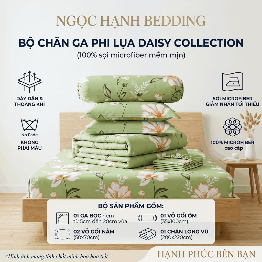  Bộ Ga Gối Phi Lụa Tencel Daisy thoáng mát, mềm mịn, nệm 5cm 10cm 15cm 20cm -  Ngọc Hạnh Bedding 