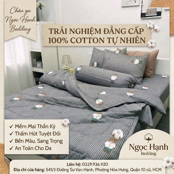  Bộ Chăn Ga Gối Cotton Họa Tiết Gấu Nền Xám nệm 20cm trở xuống - Ngọc Hạnh Bedding 
